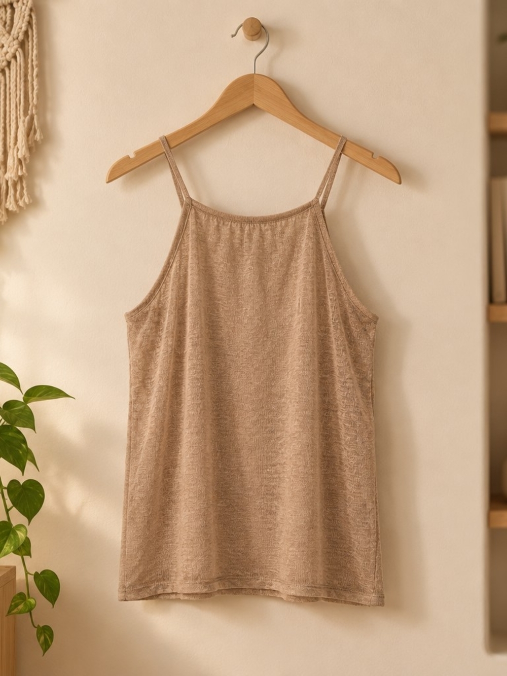 Women’s Spaghetti Strap Doyble Layer Linen Tank Top - Taupe